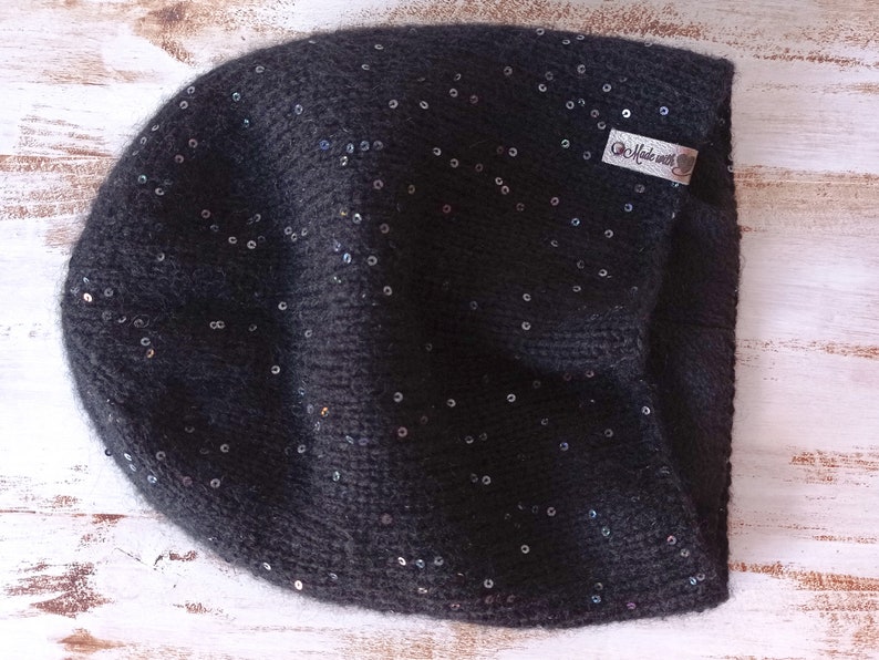 knitted hat sequins hat sequins beanie sequins Black knitted angora hat with sequins stylish beanie angora spring angora sequins