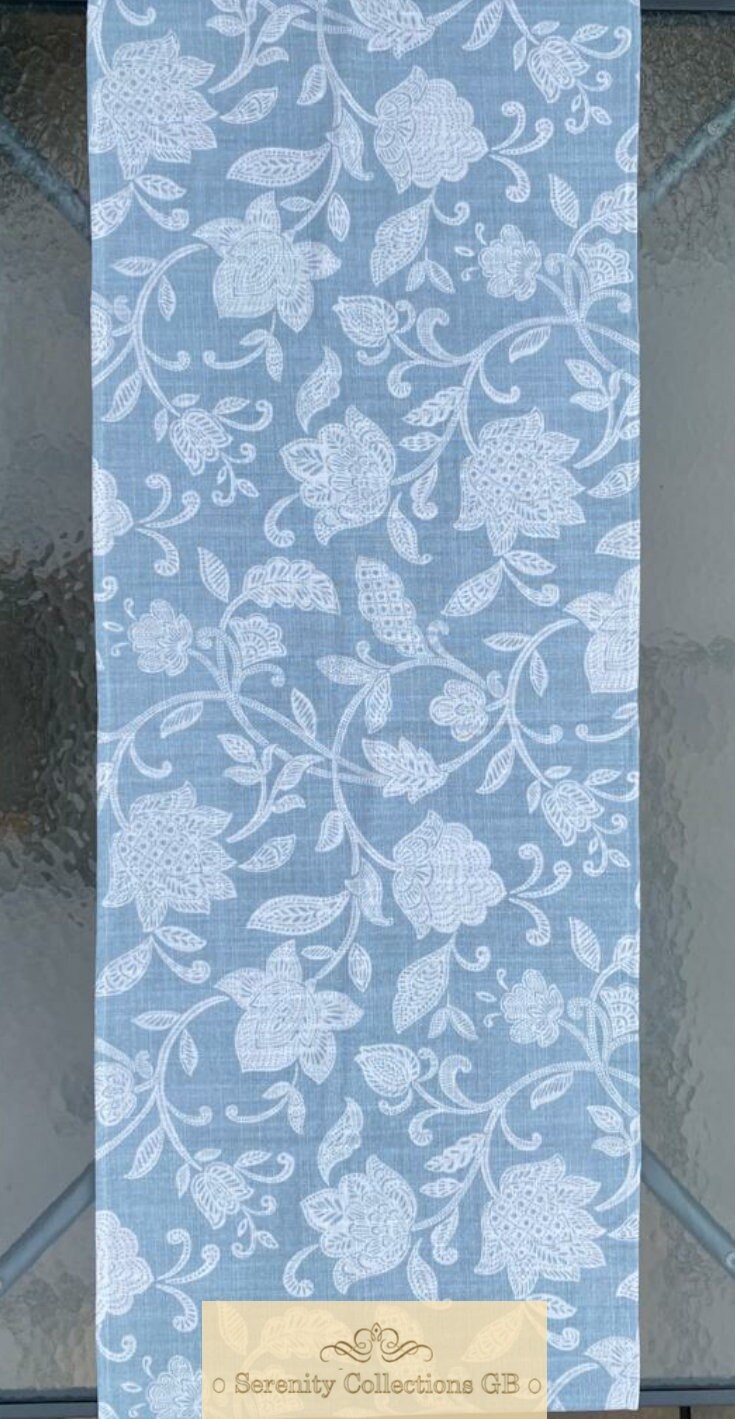 Floral Cotton Table Runner, blue & beige table runner, printed table