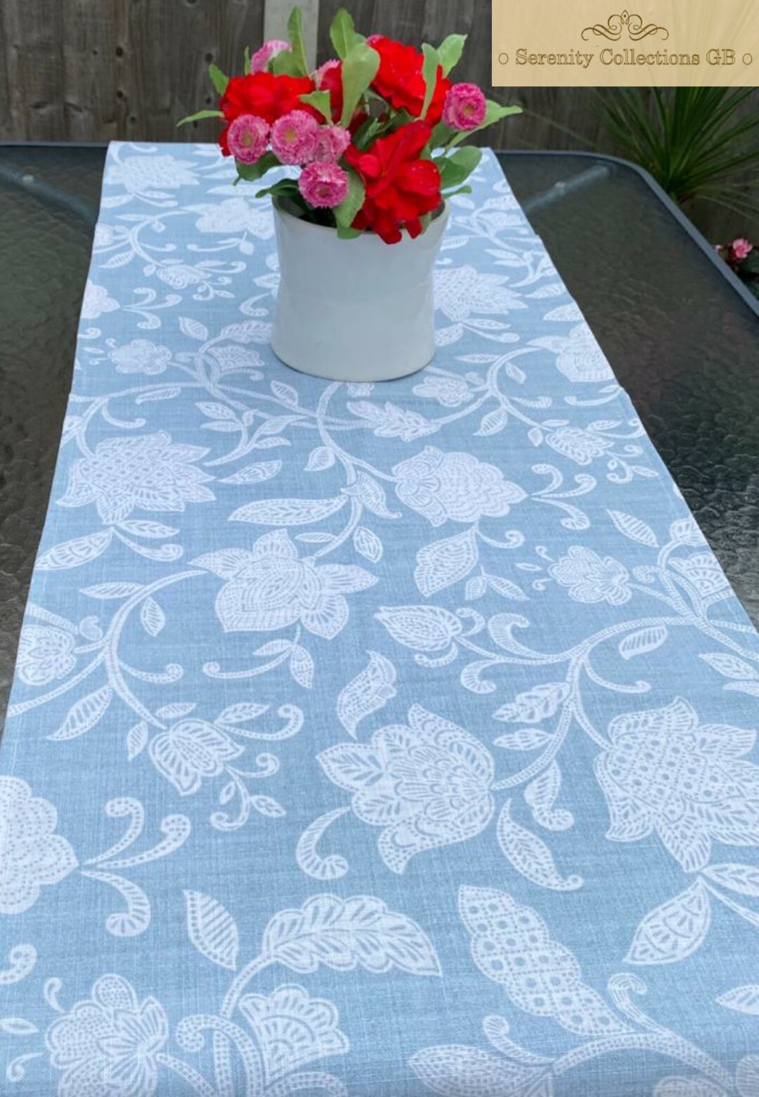 Floral Cotton Table Runner, blue & beige table runner, printed table