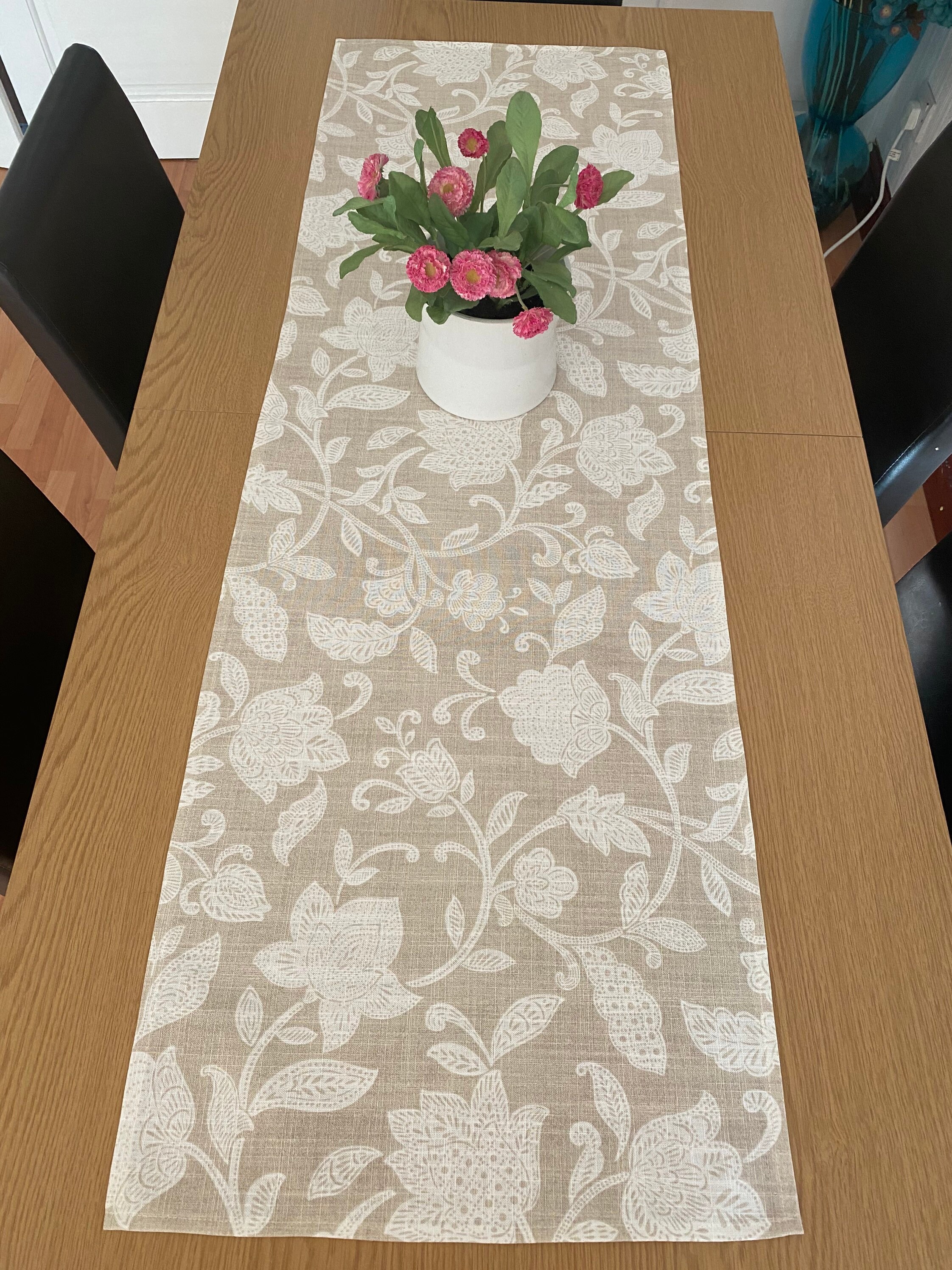 Floral Cotton Table Runner, blue & beige table runner, printed table
