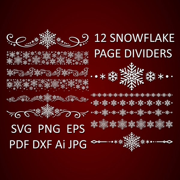 Snowflake Border Svg, Christmas Card Decorative Elements Bundle Svg, Digital Text Divider Snowflake Clipart, Christmas Dividers Lineart