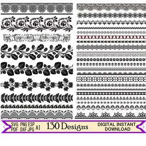 Floral Lace Border Patterns, Lace Trim Border Boundary Divider Separator SVG Png EPS, SVG Cut Files For Cricut, Boho SvG Divider Clipart