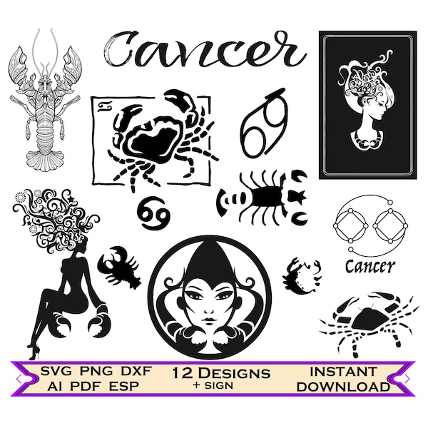 Cancer Zodiac Svg, Eps, Pdf, Dxf File Digital Download, 12 Zodiac Designs Svg, Svg Files for Circuit, Horoscope Bundle Zodiac Signs Clip Art