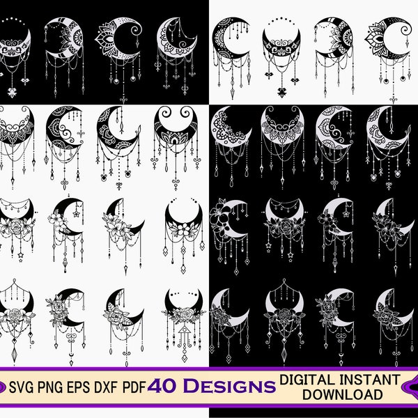 Boho Moon Mandala SVG, Dream Catcher PNG Clipart, Lotus Moon, Mandala Cut Files, Celestial Printable Wall Art