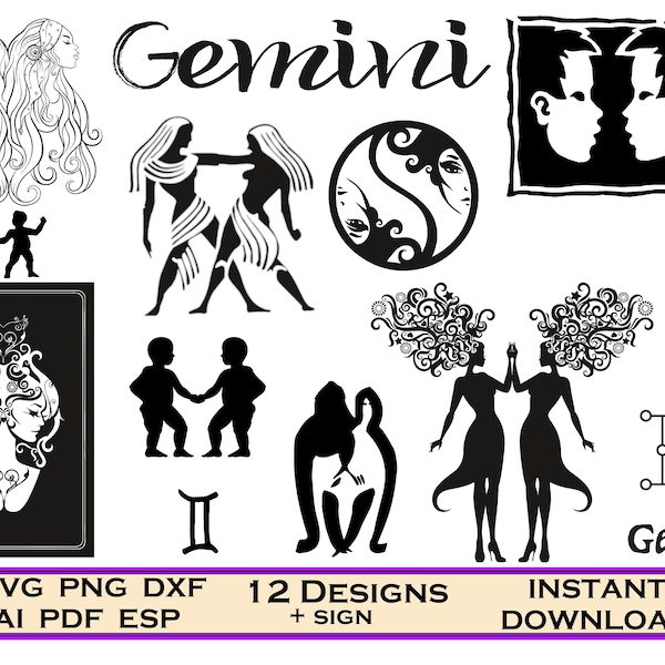 Unique Zodiac Gemini Svg, Dxf, Eps, Pdf, 12 Zodiac Png Horoscope Svg Designs Svg Files for Circuit, Zodiac Wall Print, Gemini Birthday Gift