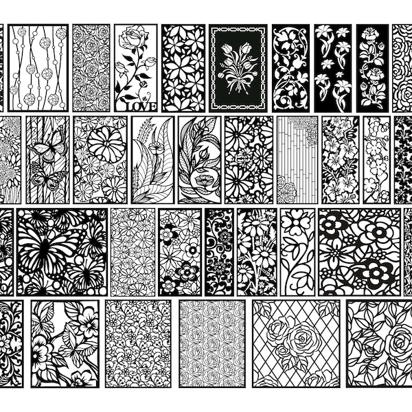 Kwiatowe panele ścienne, pliki wektorowe, zestaw do cięcia laserowego, plik CNC, pliki cyfrowe, DXF, PNG, EPS, SVG, AI, plt, wzory kwiatowe, panel liści SVG