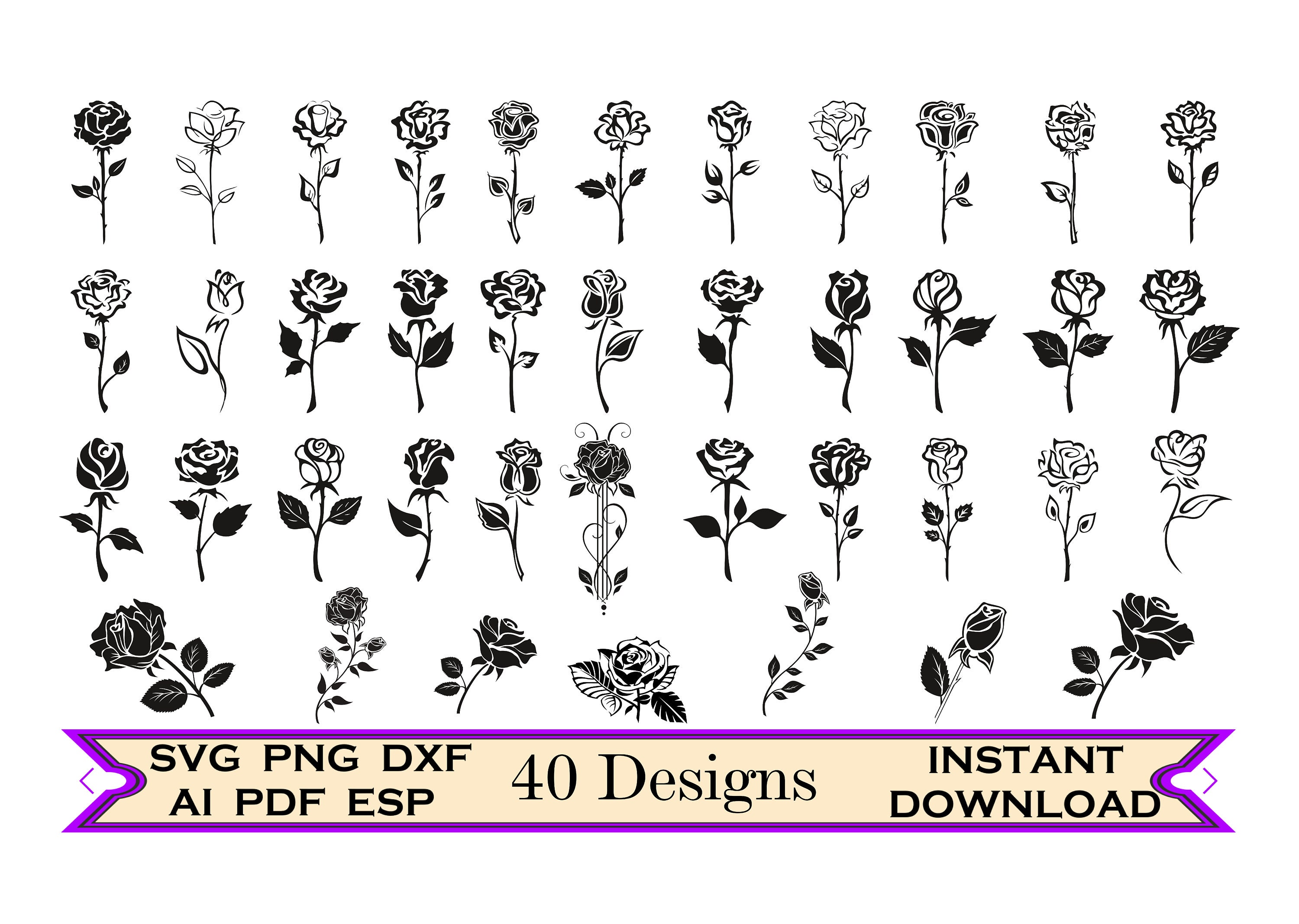 Long Stem Rose SVG Rose Flower Mothers Day svg Flower Etsy