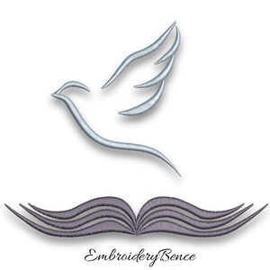 May include: A silver dove with outstretched wings flying above an open book with purple pages. The text "Embroidery Bence" is below the book.
