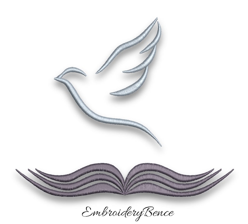 May include: A silver dove with outstretched wings flying above an open book with purple pages. The text "Embroidery Bence" is below the book.