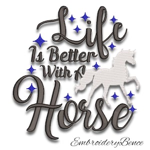 May include: Embroidered design featuring a white unicorn and the text "Life is Better With a Horse" in grey with blue stars.
