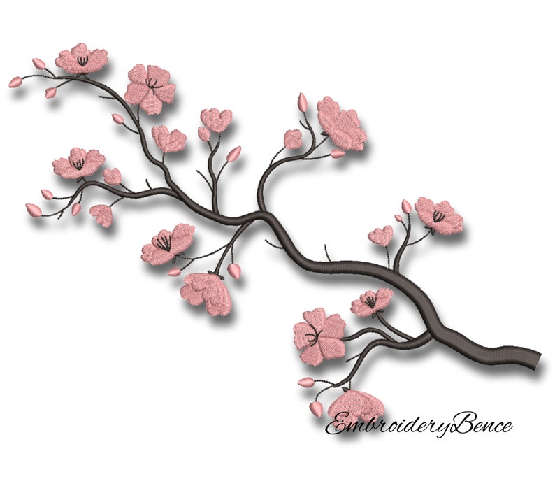 May include: A delicate embroidery design of a pink cherry blossom branch with dark brown stems and buds. The design is perfect for adding a touch of nature to any project.