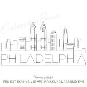 May include: A black and white line drawing of the Philadelphia skyline. The word "PHILADELPHIA" is written in a bold font below the skyline. The text "Embroidery Bence" is in the upper left corner. Below the city name, the text "Formats included: PES, DST, EXP, HUS, JEF, VP3, VIP, XXX, PCS, ART, EMD, EMB" is displayed.