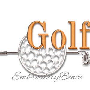 Könnte beinhalten: Stickerei des Wortes "Golf" in Orange mit einem weißen Golfball und einem braunen Golfschläger.