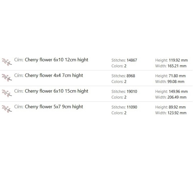May include: A chart showing the dimensions and stitch count for four different cherry blossom embroidery patterns. The patterns are 6x10 inches, 4x4 inches, 6x10 inches, and 5x7 inches. The chart also includes the height and width of each pattern in millimeters.