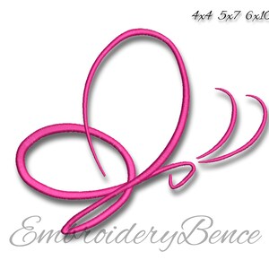 Könnte beinhalten: Ein Stickmuster mit einem rosa Schmetterling. Das Design ist schlicht und elegant, mit einem einzelnen Schmetterling in einer stilisierten Form.