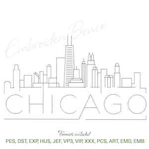 Peut inclure: Un dessin au trait noir et blanc de la ligne d'horizon de Chicago avec le nom de la ville en dessous. Le texte "Embroidery Bence" est dans le coin supérieur gauche. Le texte "Formats inclus" et une liste de formats de fichiers sont en bas.