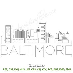 May include: A black and white line drawing of the Baltimore skyline. The city name is written in large, stylized letters below the buildings. The text "Formats included" and file formats are at the bottom.