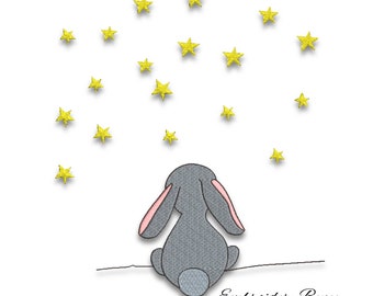 May include: A gray bunny rabbit sits on the ground looking up at a sky filled with yellow stars.