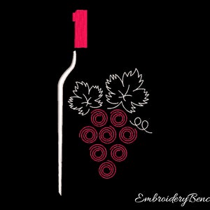 May include: A white outline of a wine bottle with a red top and a white outline of a bunch of grapes with red circles for the grapes.