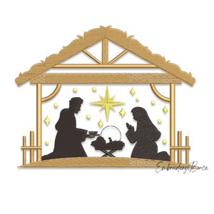 Op de afbeelding: Een gouden silhouet van de kerststal met een ster boven de kribbe. De figuren van Maria, Jozef en het kindje Jezus bevinden zich in een houten schuilplaats met een dak.