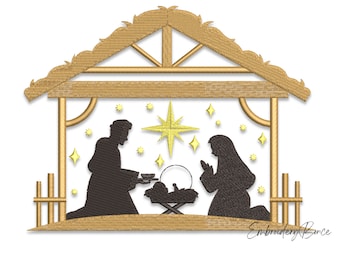 May include: A gold-colored silhouette of the nativity scene with a star above the manger. The figures of Mary, Joseph, and baby Jesus are inside a wooden shelter with a roof.