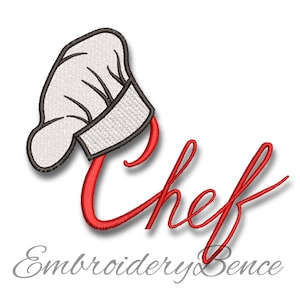 以下が含まれることがあります： 黒い輪郭の白いシェフの帽子と、赤い筆記体で「シェフ」と書かれた文字。 「Embroidery Bence」という文字が「シェフ」という文字の下にある。