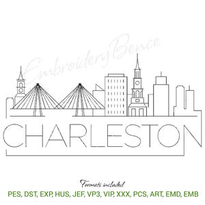 以下が含まれることがあります： チャールストンのスカイラインの白黒線画。下に「CHARLESTON」の文字。画像には「Embroidery Bence」の文字と刺繍フォーマットのリストも含まれています。