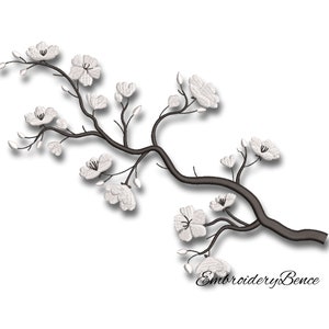 May include: White embroidered cherry blossom branch with delicate flowers and buds. The branch is curved and has a natural, organic feel. The embroidery is detailed and realistic.
