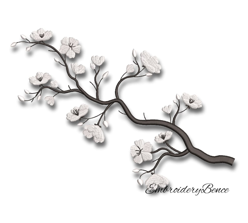 May include: White embroidered cherry blossom branch with delicate flowers and buds. The branch is curved and has a natural, organic feel. The embroidery is detailed and realistic.