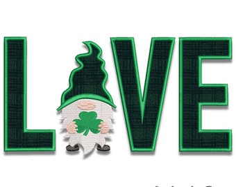 Love gnome embroidery design clover shamrock St.Patrick instant digital download