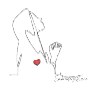 Könnte beinhalten: Linienzeichnung einer Person mit gefalteten Händen im Gebet. Ein rotes Herz befindet sich in der Mitte der Zeichnung. Der Text "Embroidery Bence" befindet sich unter der Zeichnung.