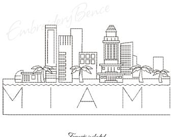 Diseños de máquina de bordar Miami Skyline, patrón pes, diseño digital instantáneo