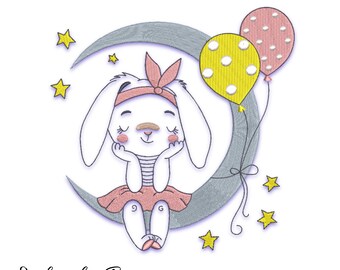 May include: A white bunny with pink ears and a pink bow sits on a gray crescent moon with yellow stars. The bunny is holding its paws up to its face and has its eyes closed. Two balloons, one pink with white polka dots and one yellow with white polka dots, are floating above the bunny.