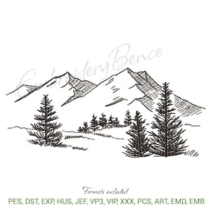 以下が含まれることがあります： 山脈と常緑樹を描いた白黒の刺繍デザイン。「Embroidery Bence」と「Formats included: PES, DST, EXP, HUS, JEF, VP3, VIP, XXX, PCS, ART, EMD, EMB」の文字が含まれています。