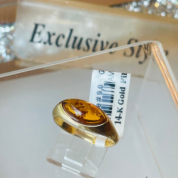 14K Gold Filled Baltic Amber Ring S 10,0 Butterscotch Polish Silver 925*