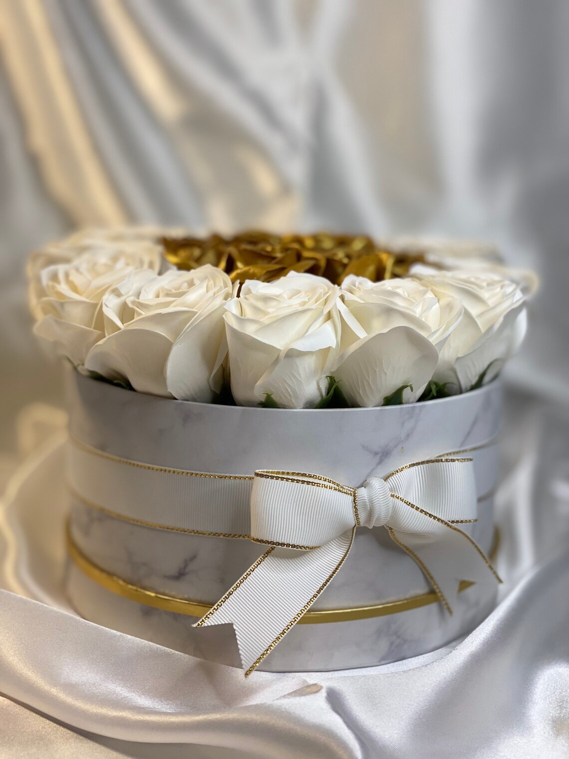 Luxury Flower Box Arrangement With White and Gold Roses Etsy