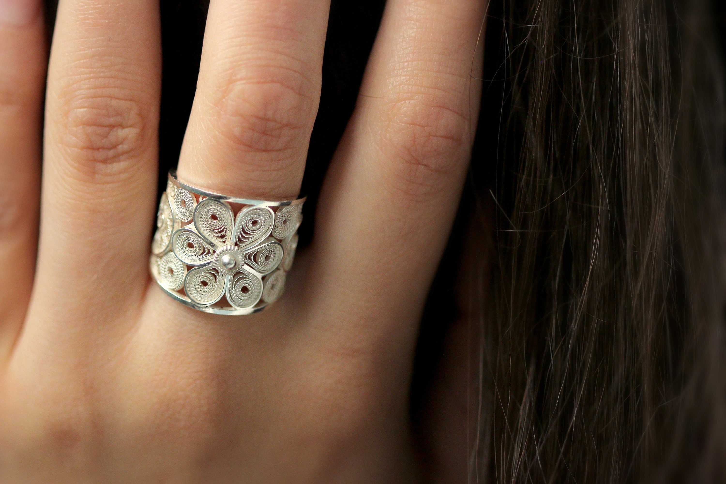 Silver Round Filigree Pearl Ring