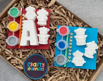 Paint Your Own Robots Mini Kits | Personalised Initial Name Letter | Birthday Party Favours | Craft Set for Kids and Adults | Creative Gift