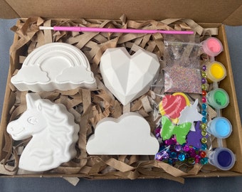 Kit de manualidades para pintar tu propio arcoíris y unicornio / Actividad artística para niños y adultos / Modelos de yeso / Regalo de cumpleaños / Obsequio / Recuerdos de fiesta