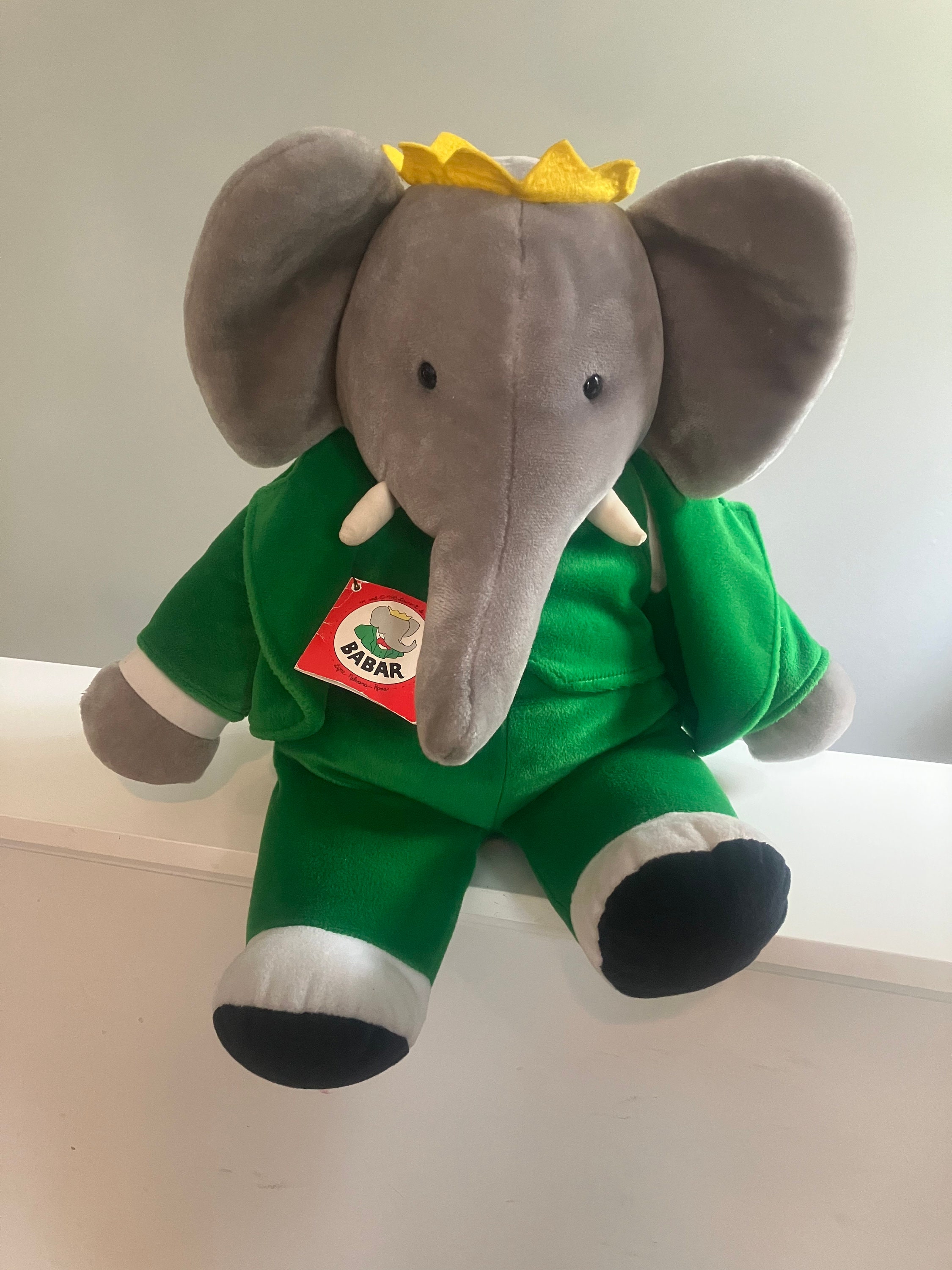 Peluche Doudou Elephant BABAR gris vert Assis 22 cm