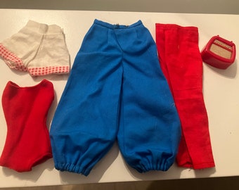 Vintage Barbie clothing lot-60s-2 pair of pants-red swim suit-vintage radio-pair of shorts. Sold as a lot