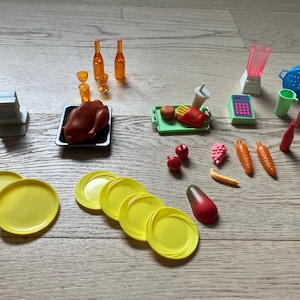 31 vintage Barbie accessories-1970s, 1980s-food-cash register-fast food items-Fries-hamburger-trays-old school desktop computer-fruit