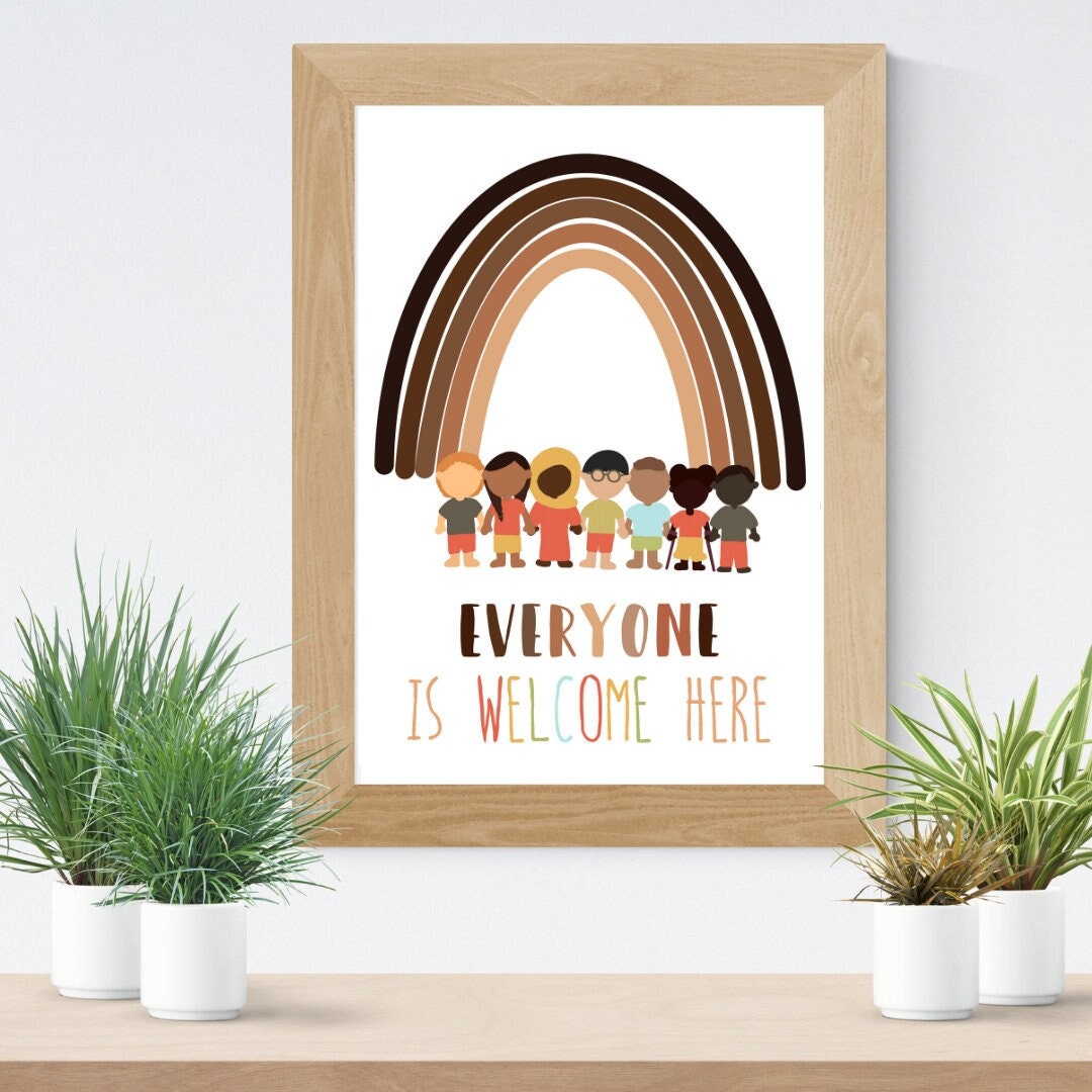 Tutti sono i benvenuti qui, poster diversi e inclusivi per aula, sala giochi, ufficio pediatra, ecc.
