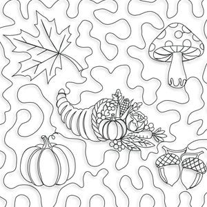 May include: Line art illustration featuring autumn elements: a maple leaf, mushroom, pumpkin, cornucopia, and acorns. The design is surrounded by a wavy border. The text "BALLOON EMBROIDERY" is visible with three balloons.