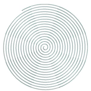 May include: A teal blue spiral design with 21 sizes. The design is a circle with concentric circles that spiral inward.