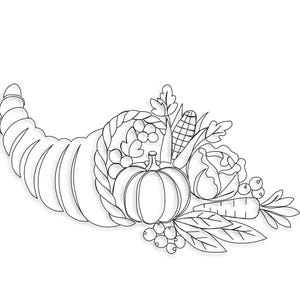 以下が含まれることがあります： 収穫物で溢れる豊穣の角の白黒線画。豊穣の角にはカボチャ、ブドウ、トウモロコシ、ニンジンが含まれています。「BALLOON EMBROIDERY」の文字が左上にあります。