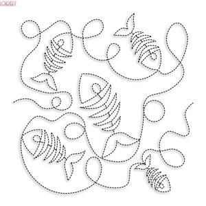 May include: A black and white line drawing of five fish skeletons with a dotted line outline. The text "21 sizes" is below the image.