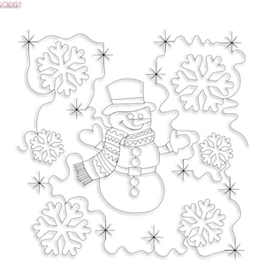 May include: A black and white line drawing of a snowman with a hat and scarf, surrounded by snowflakes. The snowman is smiling and has a carrot nose. The drawing is on a white background.