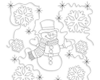 May include: A black and white line drawing of a snowman with a hat and scarf, surrounded by snowflakes. The snowman is smiling and has a carrot nose. The drawing is on a white background.