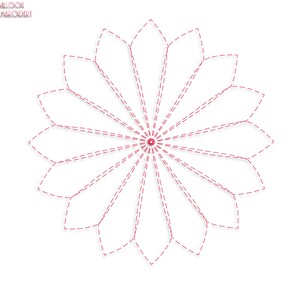 May include: A red dashed line design of a flower with 16 petals. The flower is symmetrical and has a small circle in the center.